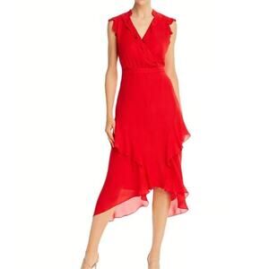 Parker Silk Asymmetrical Ruffle Dress Size 2 Red Sleeveless Wrap Style Midi